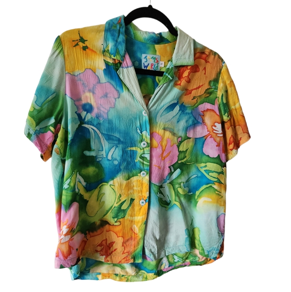 Vintage Jams World watercolor parisian garden Hawaii art-to-wear rayon top small